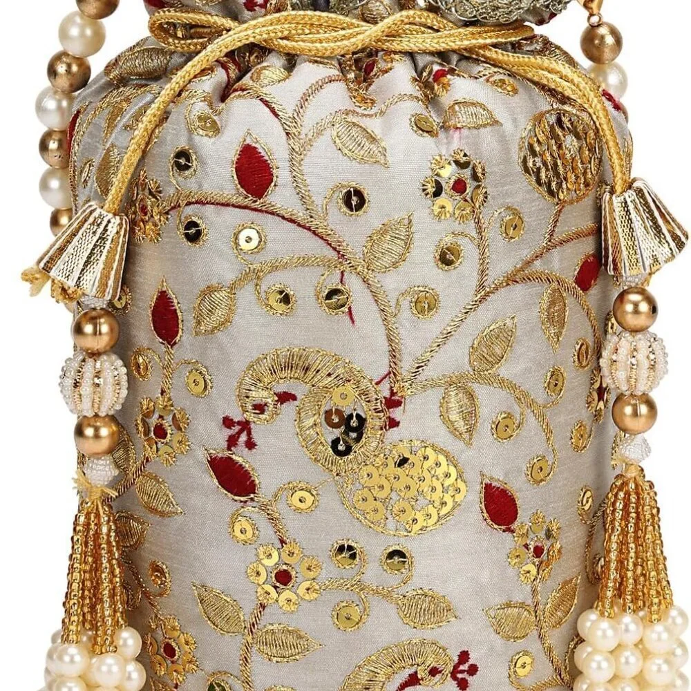 Women Ethnic Silk Potli Bag for Wedding Party with Pearl Handle